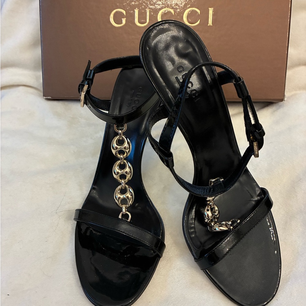 Gucci Black High Heel Sandals with Gold Chain Detail and Ankle Strap. EUC. 7.5